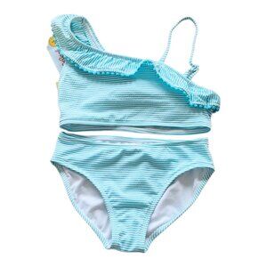 Cat & Jack Girl's Size L (10/12) Aqua/White Striped Bikini Swim Set